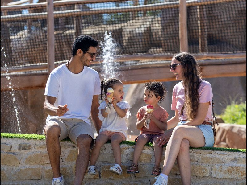 Jeunes adultes avec leurs enfants profitant des Roches Vives en mangeant des glaces à Beauval