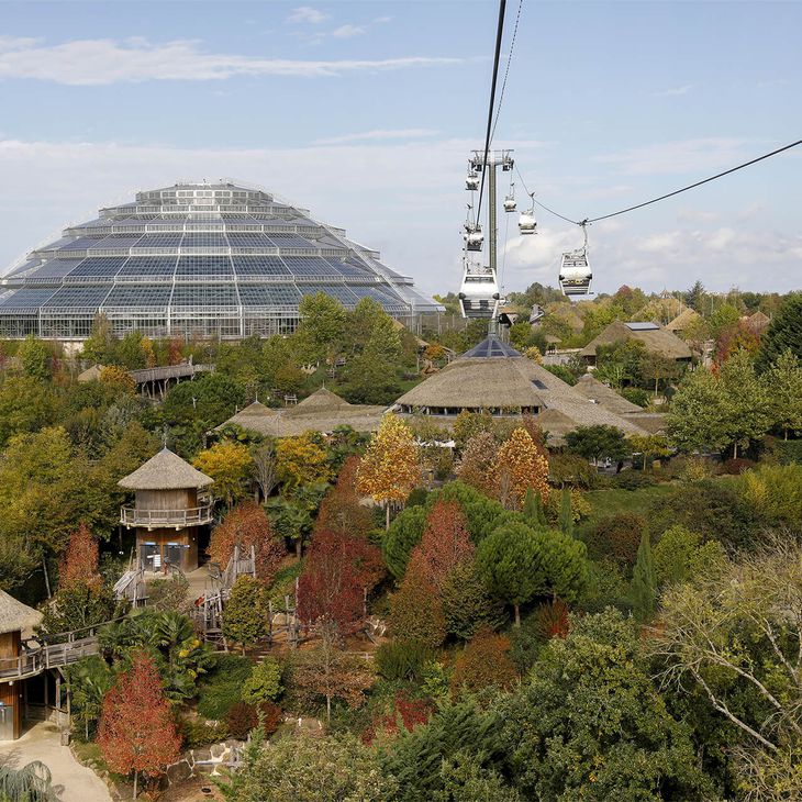 Aerial view of the Equatorial Dome and the cable car of the ZooParc de Beauval